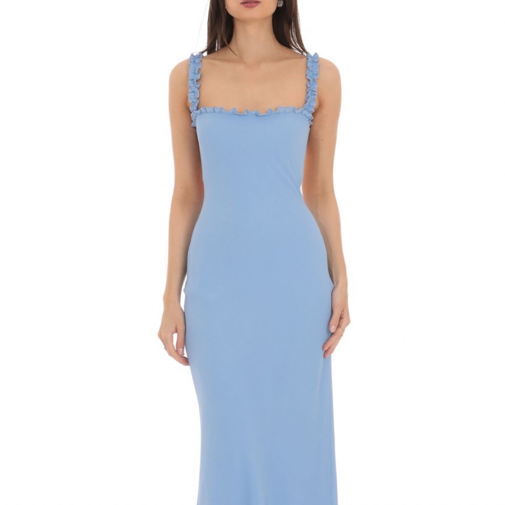 Lucy in the Sky - light blue square neck ruffle strap maxi dress